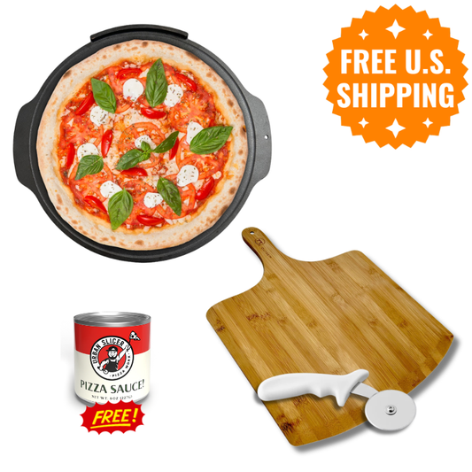 Backyard Pizza Accessory Bundle: Cast Iron Pizza Stone, Pizza Peel, Cutter + Sauce
