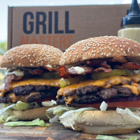 Juicy smashburger topped with BBQ sauce and aioli made using Grill Masters Club box
