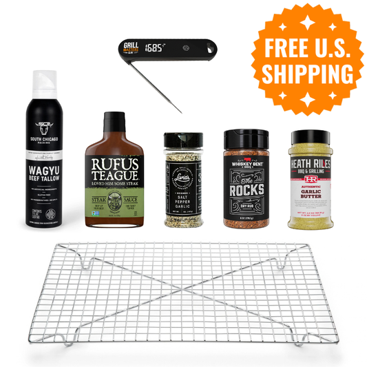 Upper Crust Steak Box contents: thermometer, dry brining rack, wagyu tallow spray, Livia's SPG, The Rocks rub, Heath Riles Garlic Butter Rub and Rufus Teague Steak Sauce
