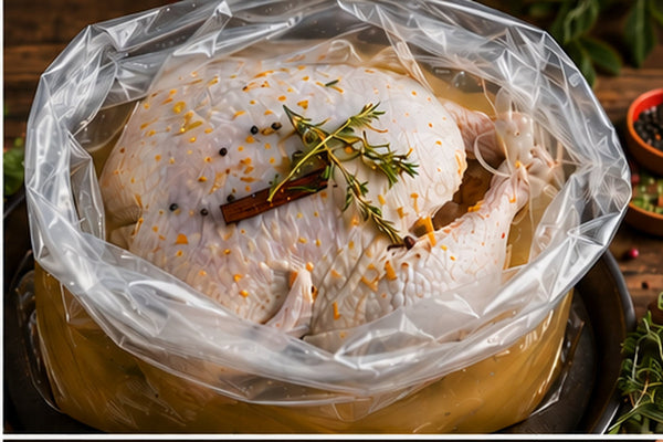 Raw turkey in a brine bag beside a marinade injector and a bag of Super Soaker Bird Brine on a prep table