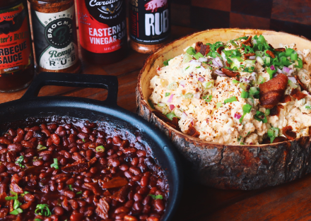 candied bacon, bacon beans, baked beans