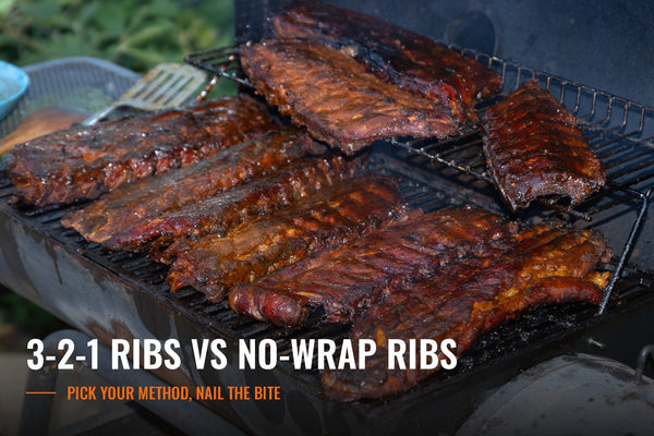 Racks of smoked, sauce-glazed pork ribs on a smoker grate with the title 3-2-1 Ribs vs No-Wrap Ribs