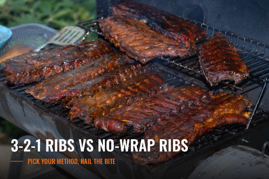 Racks of smoked, sauce-glazed pork ribs on a smoker grate with the title 3-2-1 Ribs vs No-Wrap Ribs