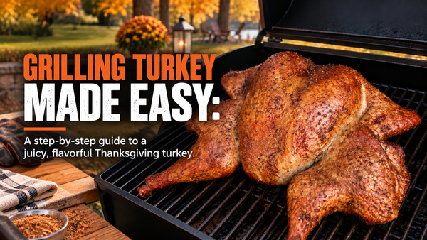 Whole grilled Thanksgiving turkey on the grill grates of a smoker outside
