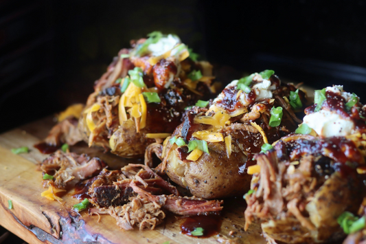 Smoked & Sauced Pulled Pork Loaded Baked Potatoes