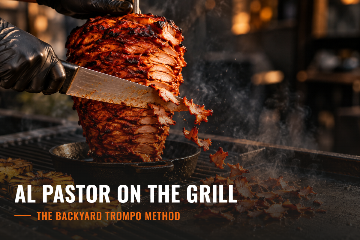 A chef’s knife shaving thin, crispy, red-edged slices of al pastor pork off a vertical trompo stack sitting in a cast iron skillet on a grill grate