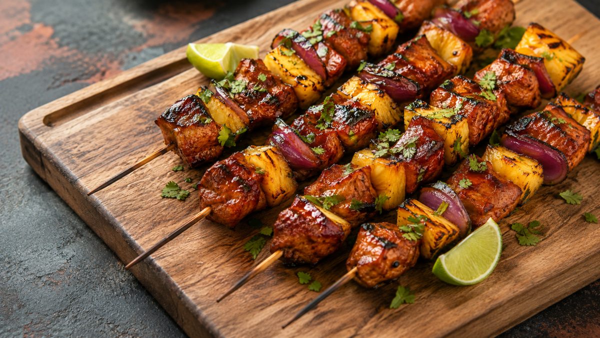 Al pastor pork and pineapple skewers on a wood board