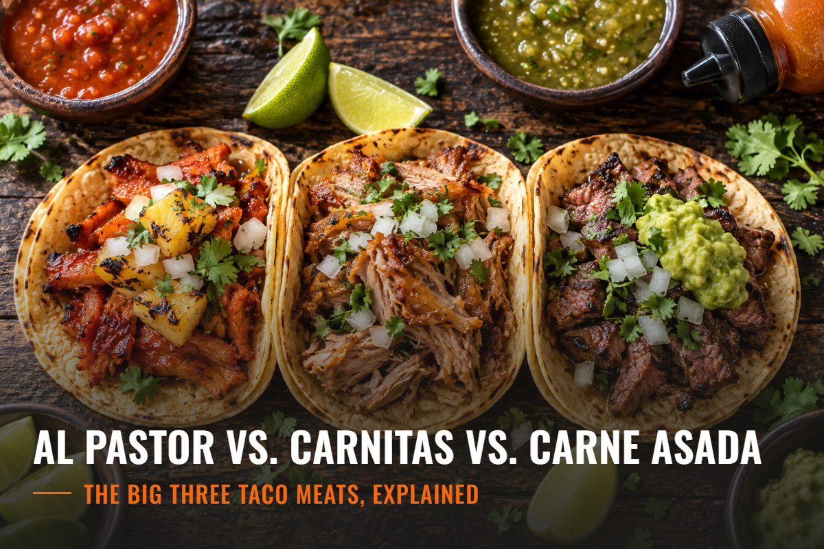Three street tacos side by side in a neat row on a dark weathered wood table, each on doubled small corn tortillas