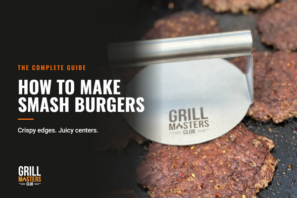 Burger press smashing a beef patty on a hot griddle for crispy-edged smash burgers