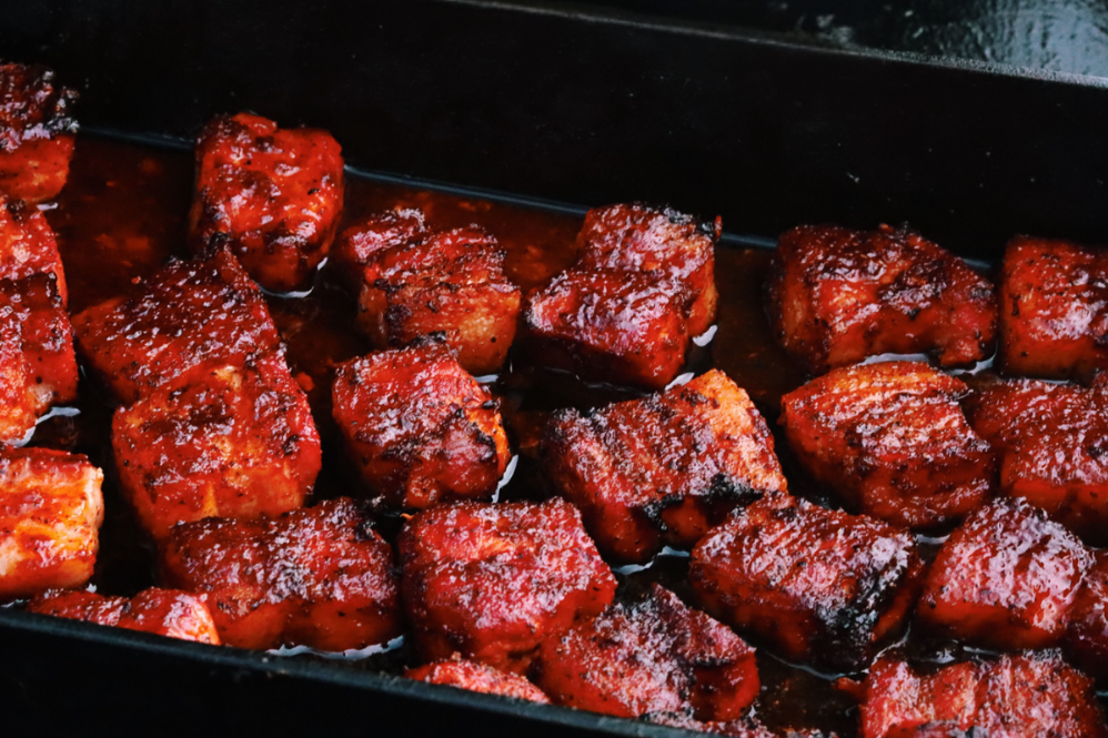 Smoked Peach Bourbon Pork Belly Bites