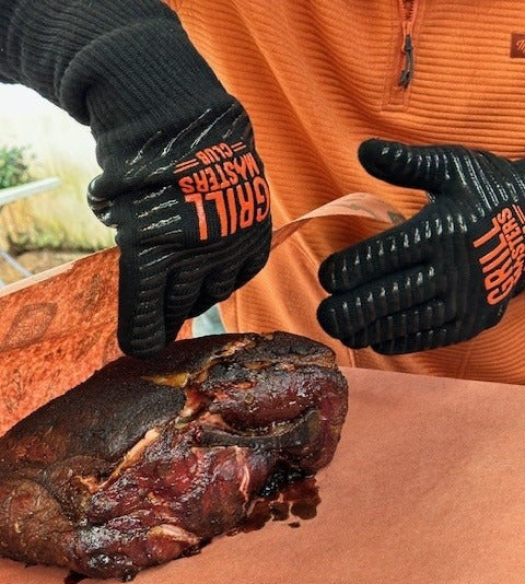 Pitmaster Ricky Wrapping Pork Butt with Extra Long Grilling Gloves