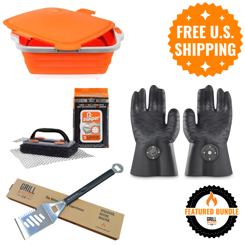 BBQ Champion's Bundle: Prep Tub, Grill Cleaning Set, 4-in-1 Spatula, Magnetic Grilling Gloves