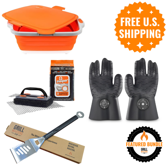 BBQ Champion's Bundle: Prep Tub, Grill Cleaning Set, 4-in-1 Spatula, Magnetic Grilling Gloves