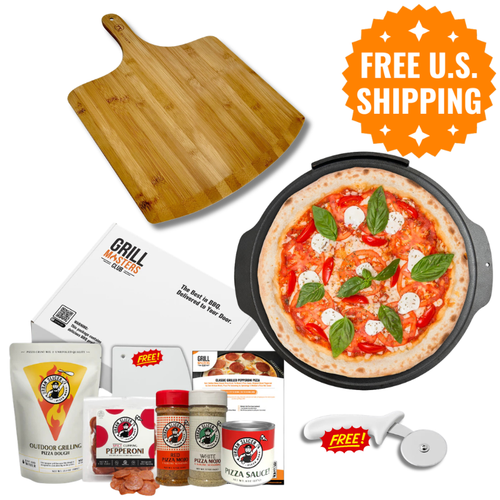 Backyard Pizzaiolo Super Bundle: 18" Cast Iron Pizza Stone, XL Bamboo Peel, Dough, Sauce, Pepperoni & Seasonings