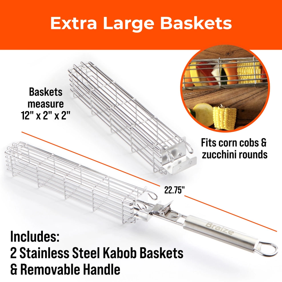 Stainless Steel Kabob Grilling Baskets with Removable Handle by Braize (2-Piece Set)