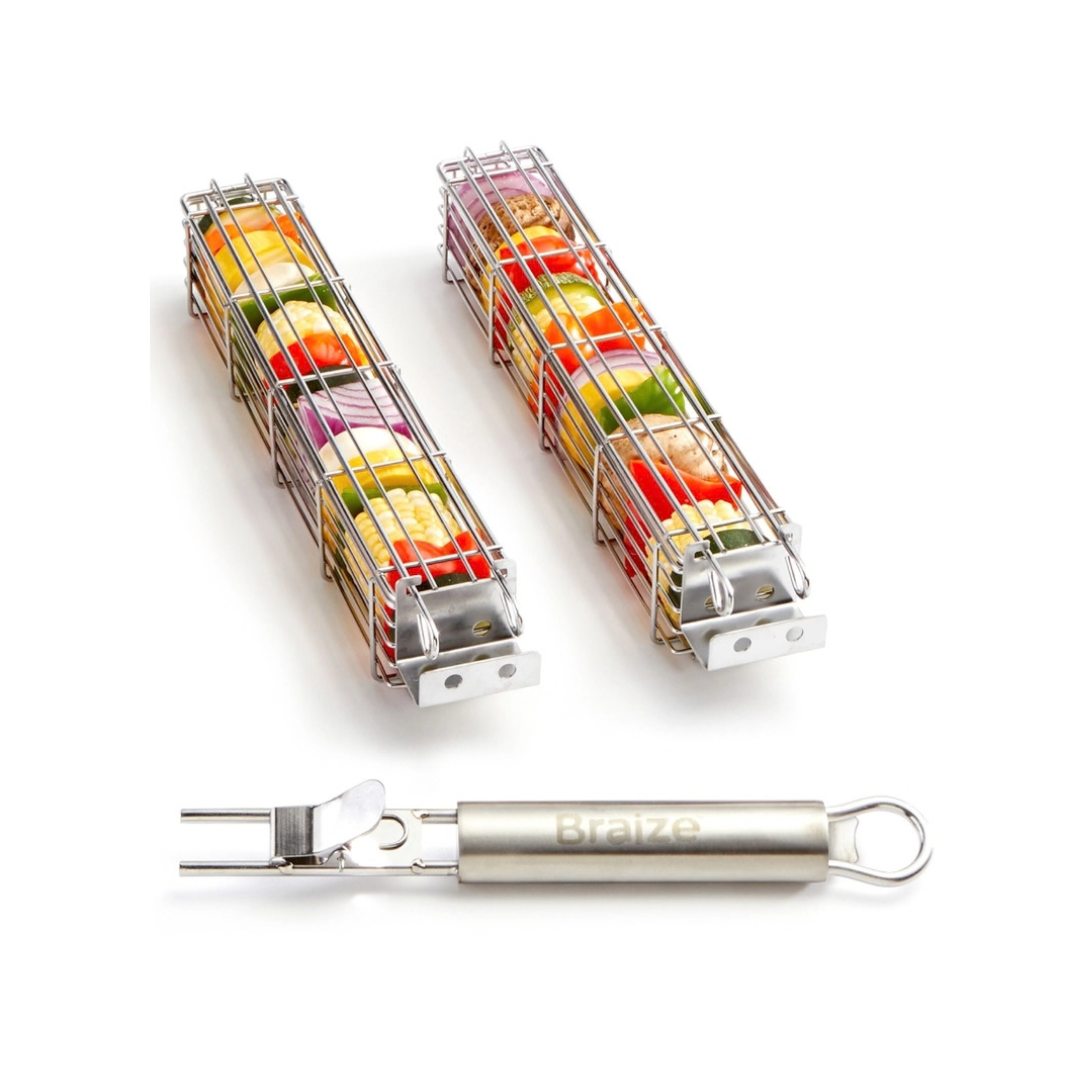 Stainless Steel Kabob Grilling Baskets with Removable Handle by Braize (2-Piece Set)