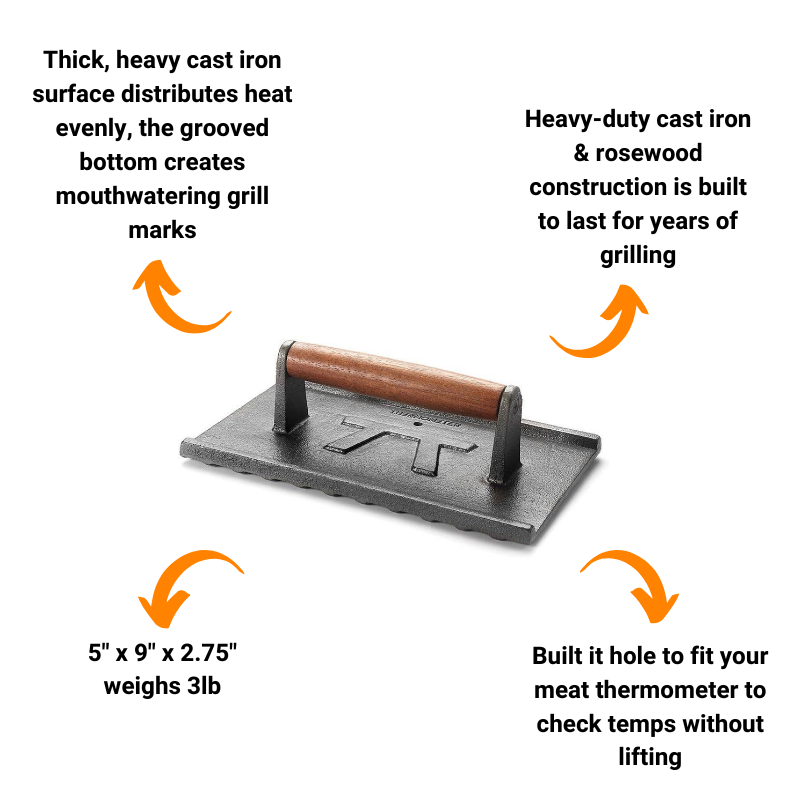 Heavy Duty Cast Iron Grill Press with Rosewood Handle by Outset (5" x 9")