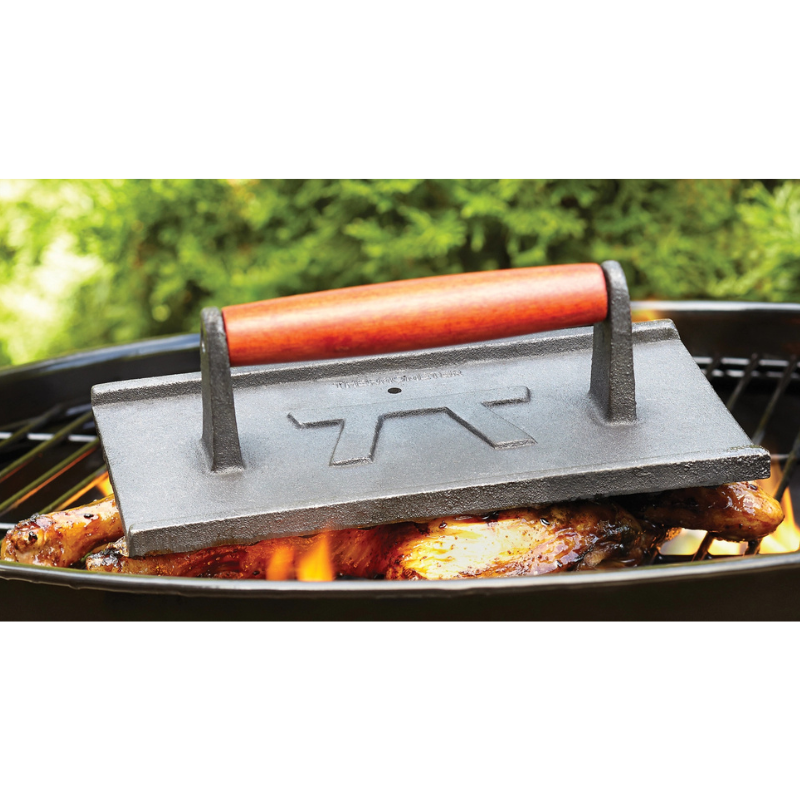 Heavy Duty Cast Iron Grill Press with Rosewood Handle by Outset (5" x 9")