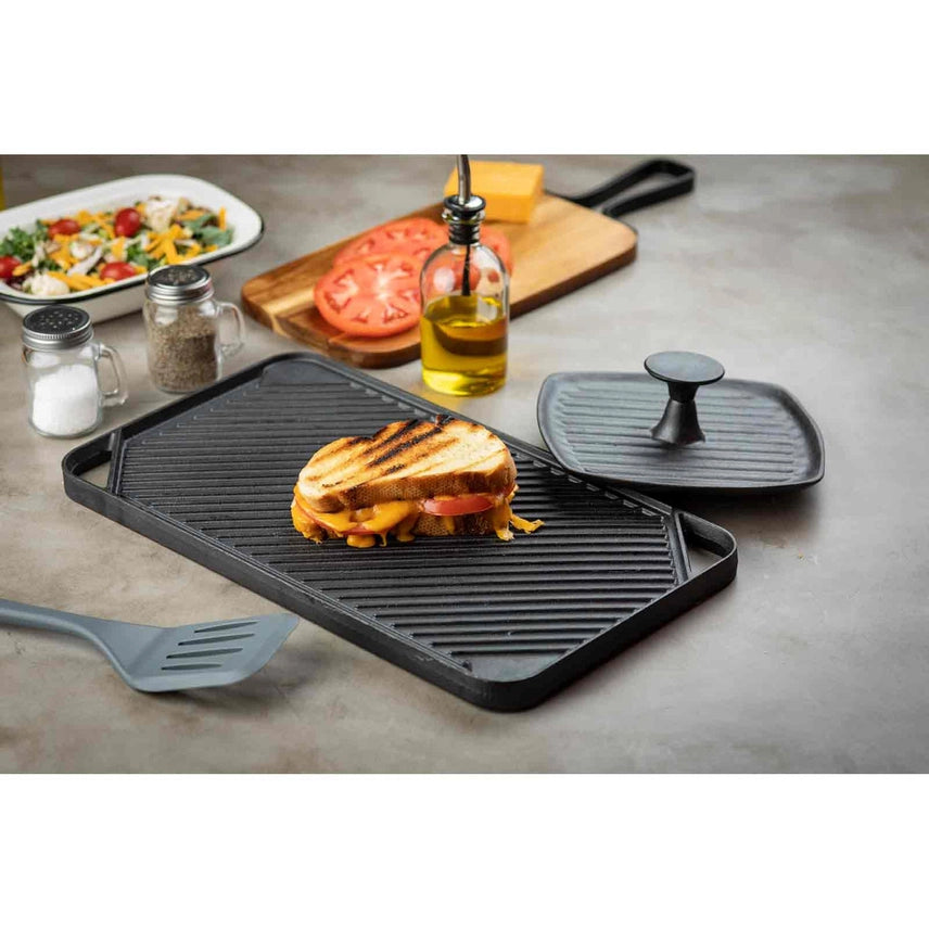 "Fiddle With The Griddle" Bundle: Reversible Cast Iron Griddle, Spatula, Burger Press, Spray Bottle & More