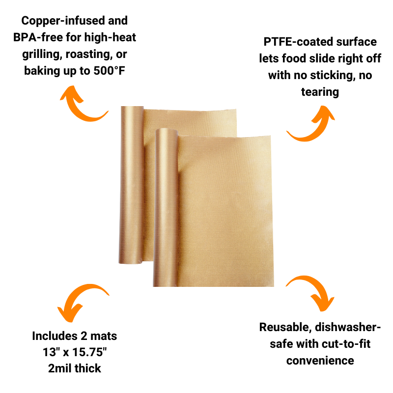 Non-Stick Copper Grill Mats by The BBQ Butler (13" x 15.75" 2-Pack)