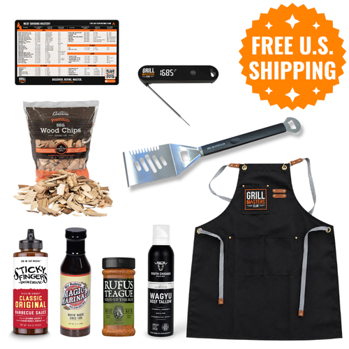 First Fire BBQ Box: Grilling Starter Kit with Thermometer, Apron, Spatula, Rub & Sauce