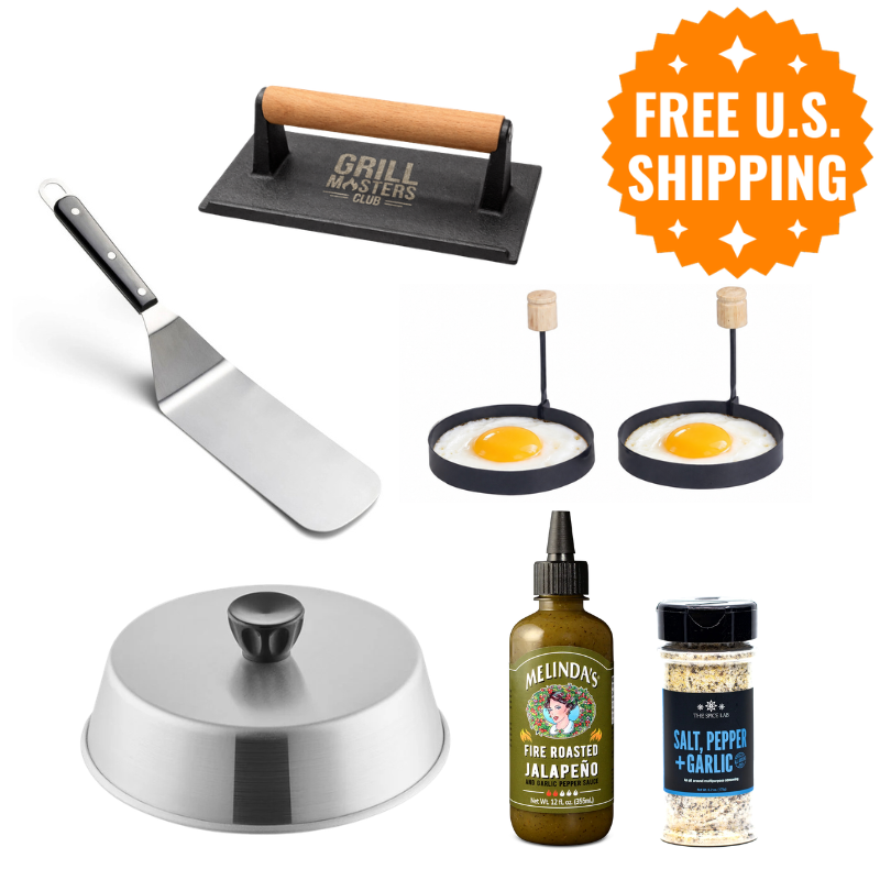 Flat Top Breakfast Kit: Egg Rings, Cast Iron Bacon Press, Griddle Spatula & Melting Dome