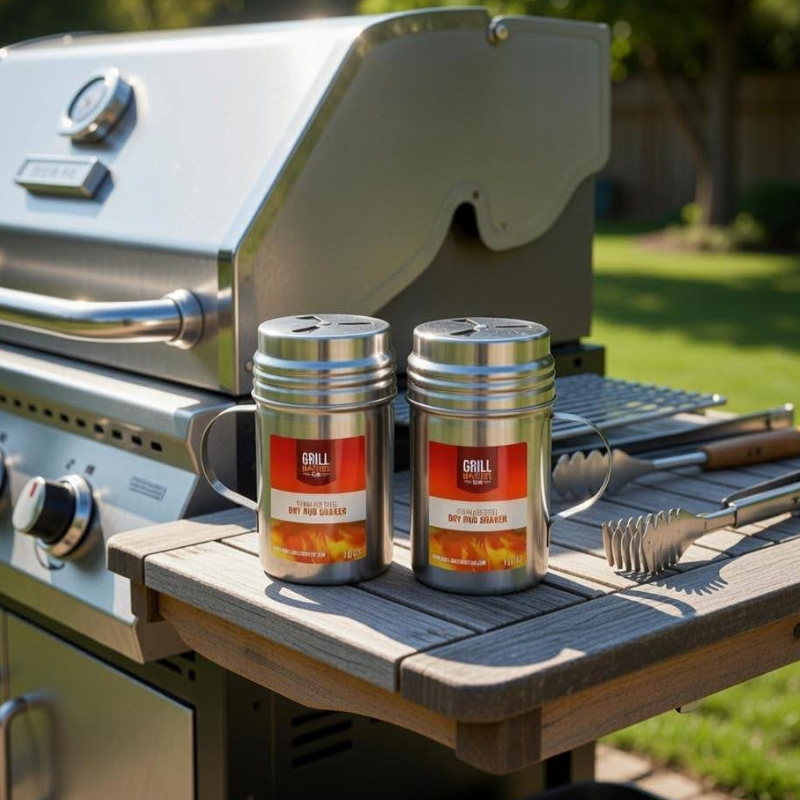 10 oz Stainless Steel Dry Rub Shaker w/ Rotating Lid & Handle by Grill Masters Club
