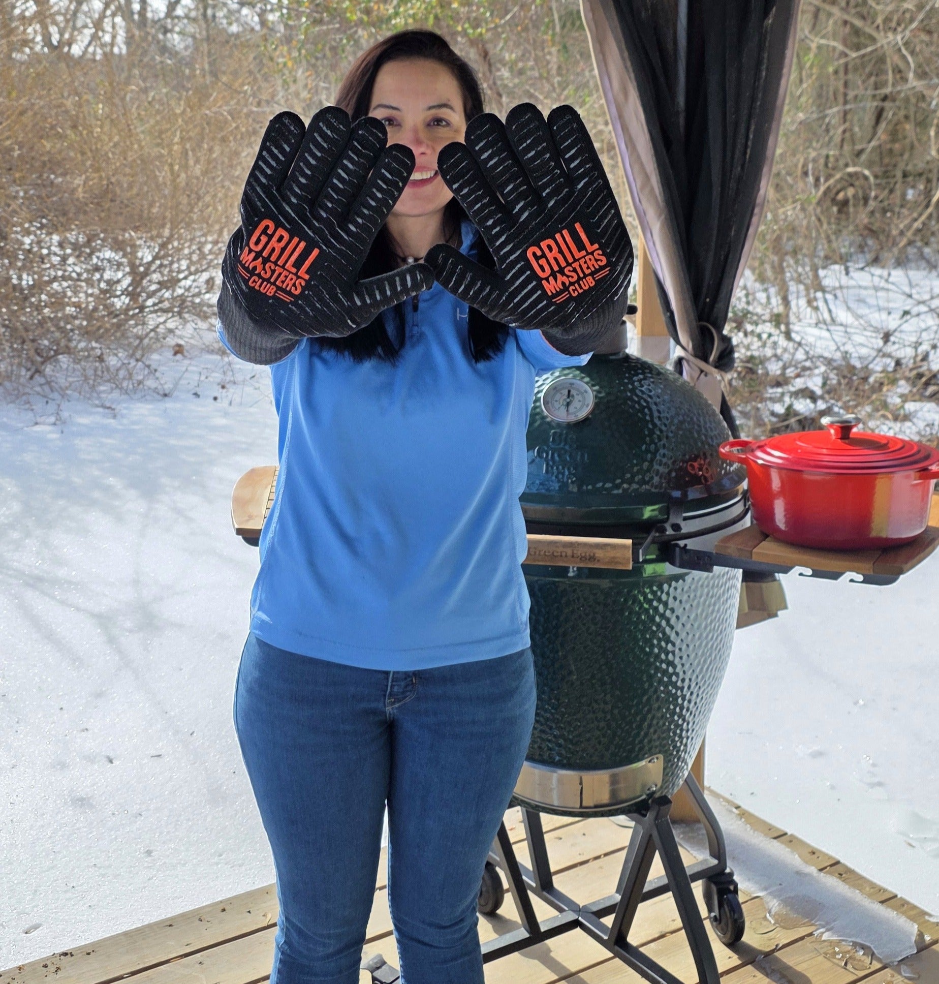 Pitmaster Maura Showing the Palms of Grilling Gloves