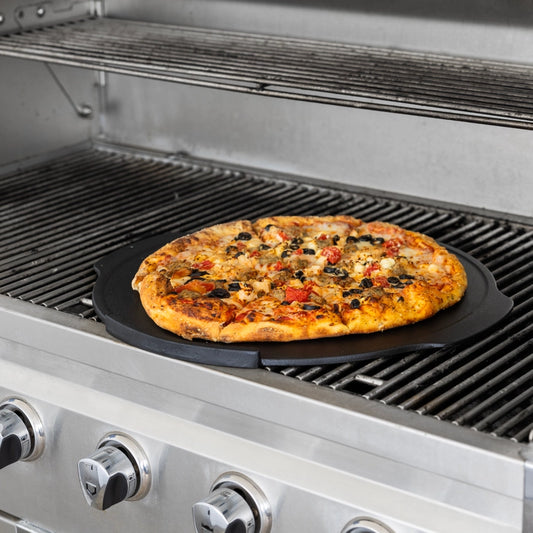 Backyard Pizza Accessory Bundle: Cast Iron Pizza Stone, Pizza Peel, Cutter + Sauce