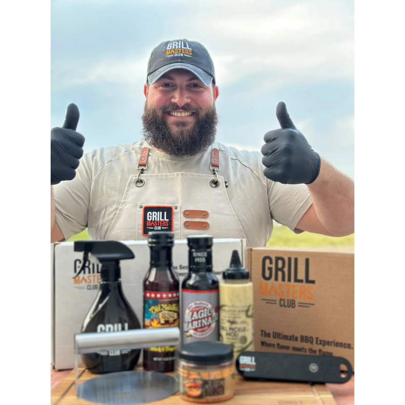 Pitmaster Sammy Bromberg with Smokin’ Smashburger BBQ Box with sauces, rubs, and burger press