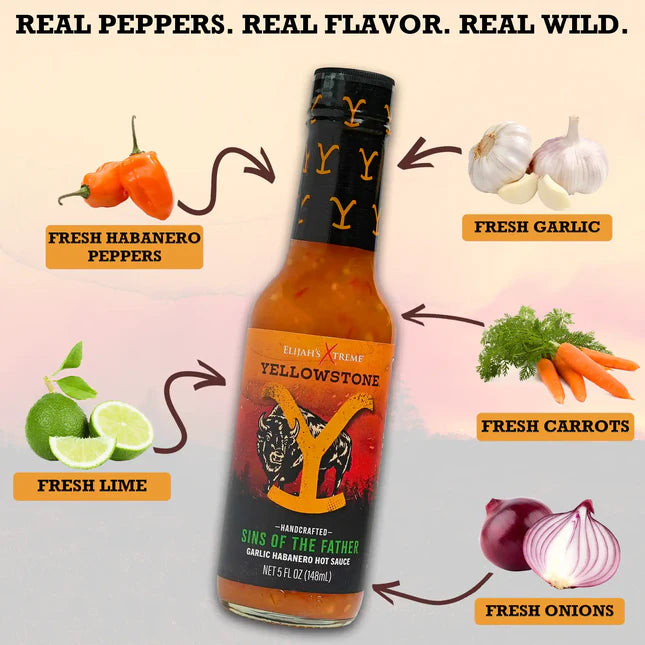 Yellowstone Hot Sauce 4-Pack by Elijah's Xtreme: ROASTED PEPPER + GHOST PEPPER + REAPER + GARLIC HABANERO