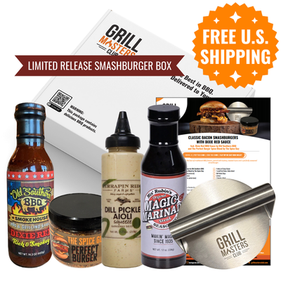 Smokin' Smashburger BBQ Box with Dixie Red BBQ sauce, Perfect Burger Rub, dill pickle aioli, steak marinade and burger press