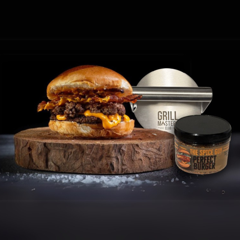 A juicy double bacon smashburger made using Grill Masters Club Smokin Smashburger box