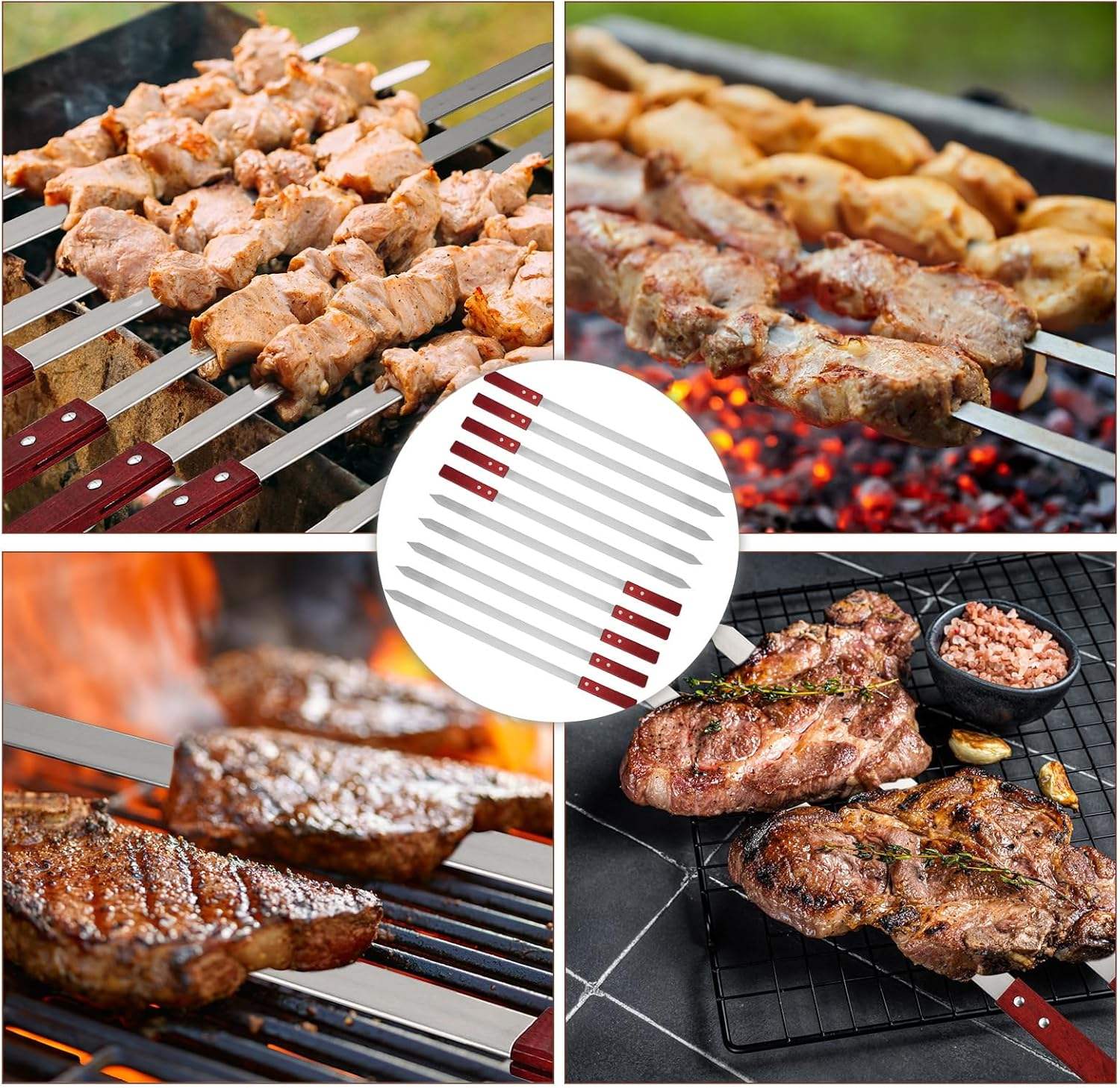 13.75" Flat Stainless Steel Kebab BBQ Skewers w/ Wooden Handles (Set of 6)