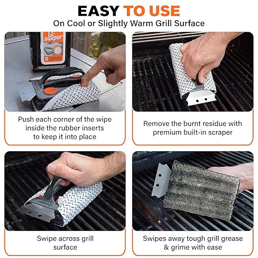 Q-Swiper® BBQ Grill Cleaner & Scraper + 25-Pack of Moist Q-Swiper® Cleaning Wipes by Proud Grill