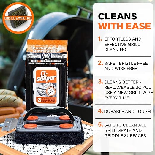 Q-Swiper® BBQ Grill Cleaner & Scraper + 25-Pack of Moist Q-Swiper® Cleaning Wipes by Proud Grill