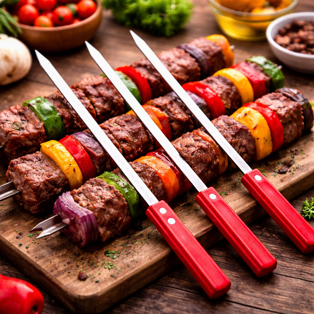 13.75" Flat Stainless Steel Kebab BBQ Skewers w/ Wooden Handles (Set of 6)